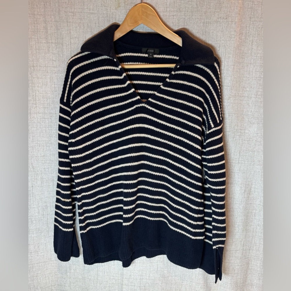 J. CREW navy blue & white stripe sweater with polo collar 100% cotton classic. M